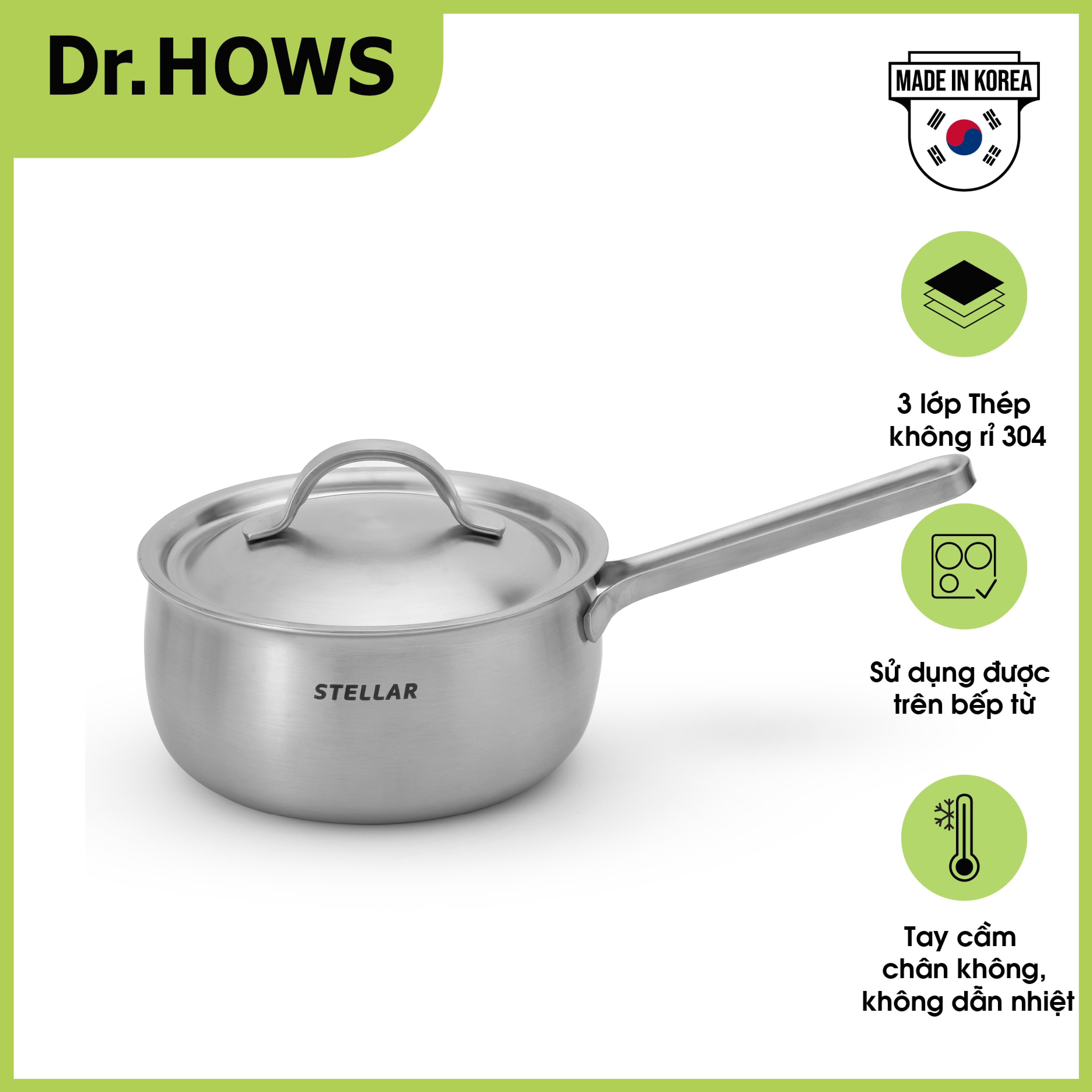 Bộ nồi Inox 3 lớp Full set Dr.Hows Stella 6 món