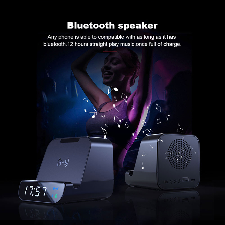 Bộ sạc không dây công suất 10W đa chức năng loa bluetooth, báo thức, sạc dự phòng, giá đỡ điện thoại rất tiện dụng WX016