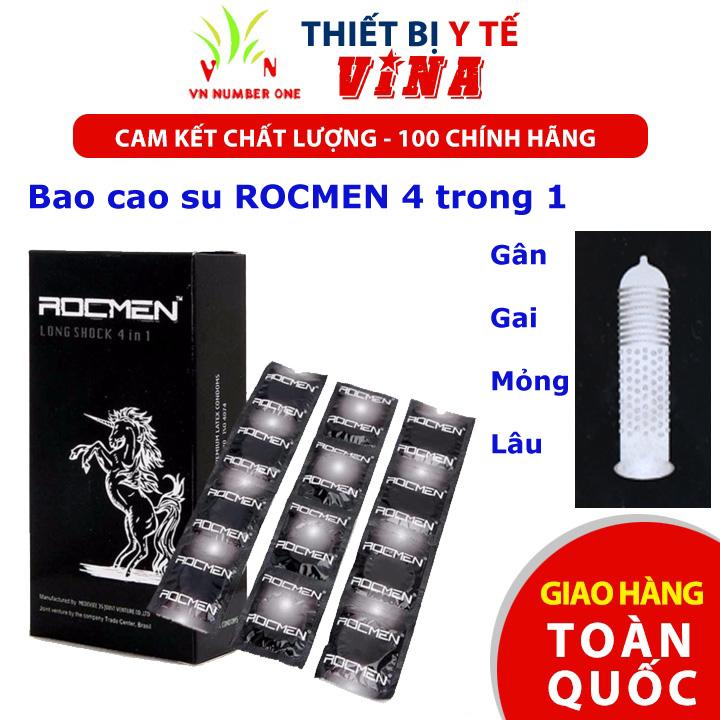 Bao cao su ROCMEN Long Shock 4 trong 1, mỏng, có gân ở thân dưới và có gai, có thuốc giúp kéo dài thời gian