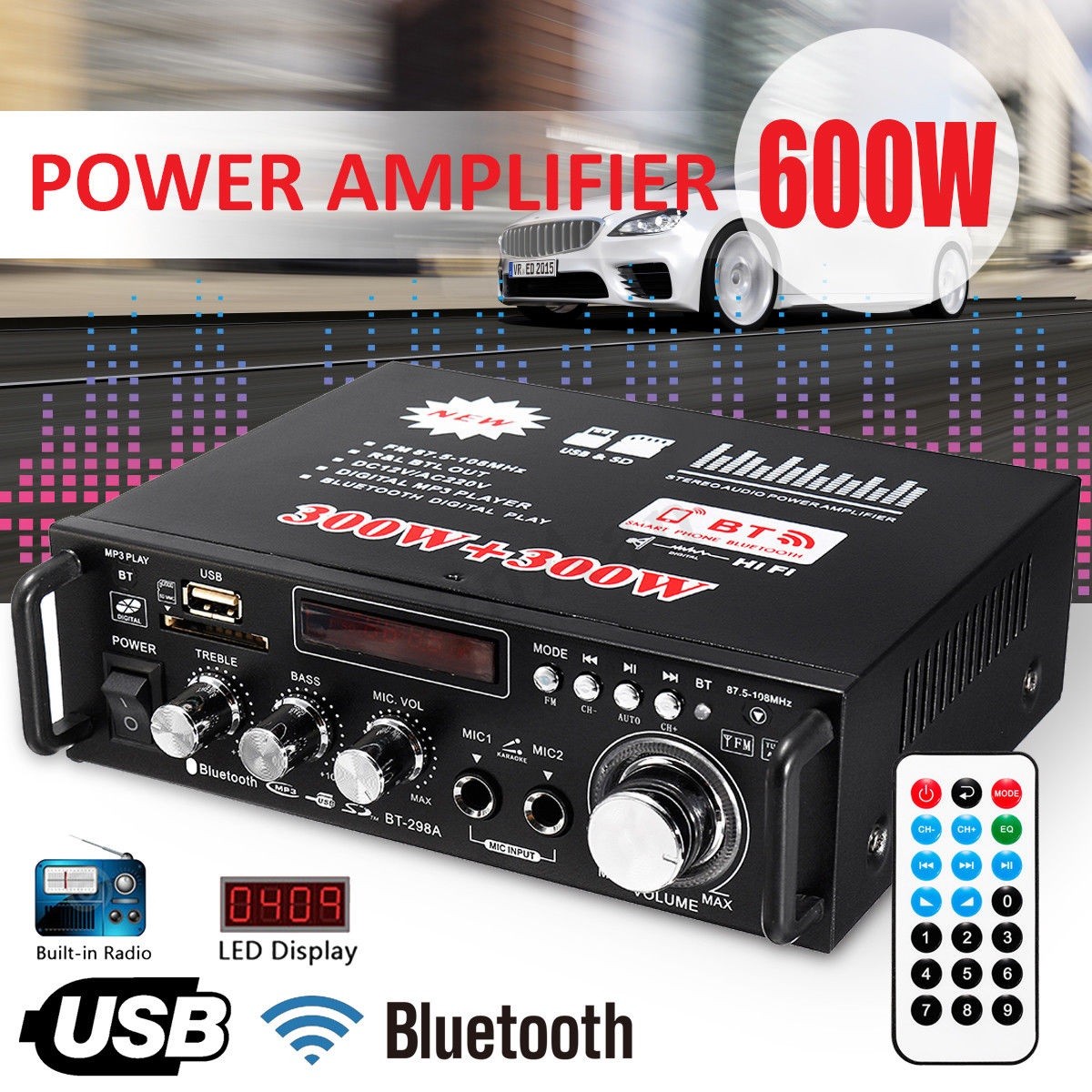 ROGTZ - Amply Mini Gia Đình BT-298A Công suất khủng 40W+40W Kết nối Bluetooth Hỗ trợ FM Radio Điện áp 220V/DC12V Pin CR2052 Tỉ lệ méo tiếng thấp SNR cao Nhỏ gọn Dễ sử dụng Gia đình Karaoke Âm nhạc - Hàng Chính Hãng