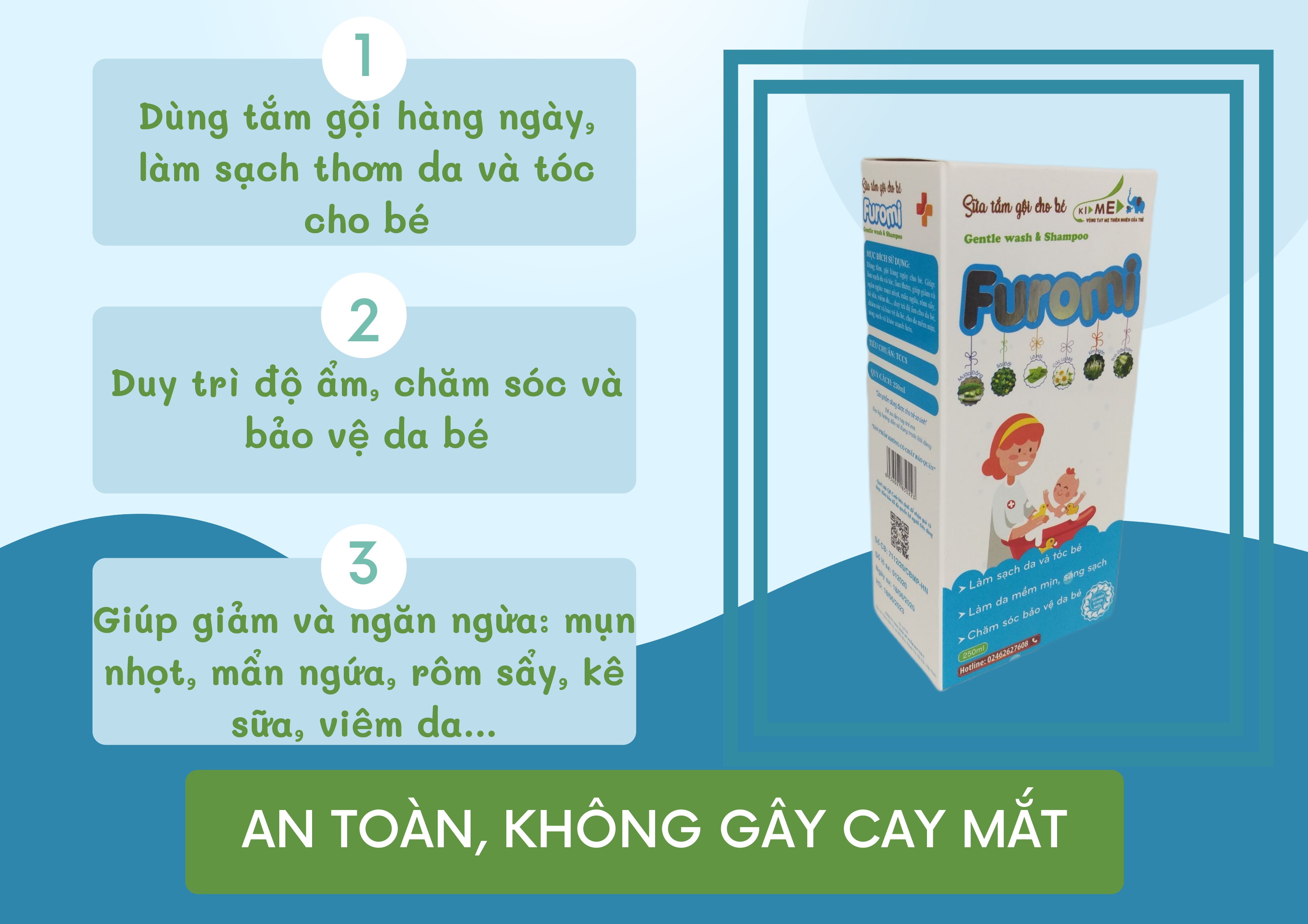 Sữa Tắm Gội Cho Trẻ FUROMI Chiết Xuất Thảo Dược Tự Nhiên Làm Mềm Da, Sạch Tóc, Hạn Chế Mẩn, Rôm Trên Da Bé Dung Tích 250ml