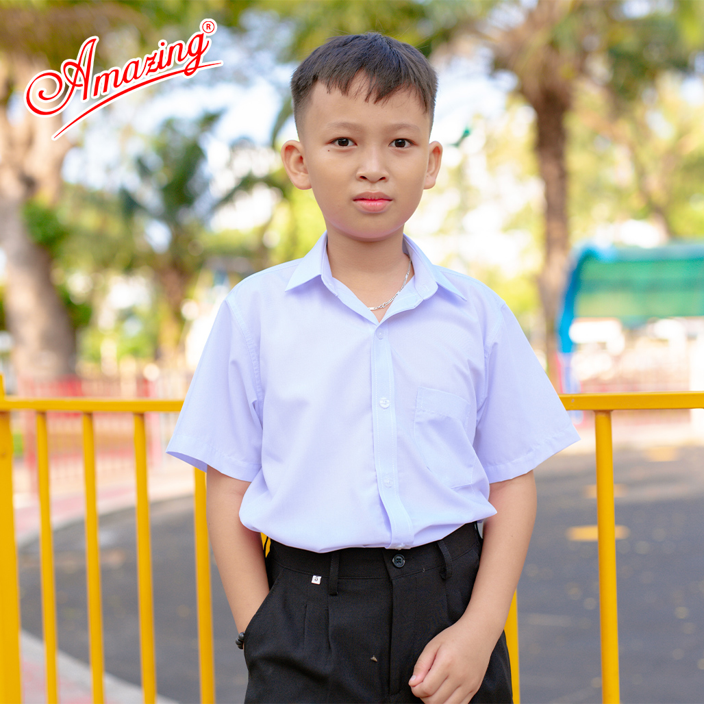 Áo sơ mi trắng đi học cho bé trai , đồng phục học sinh các cấp, size từ 20-95kg, form suông, vạt bầu, thương hiệu Amazing