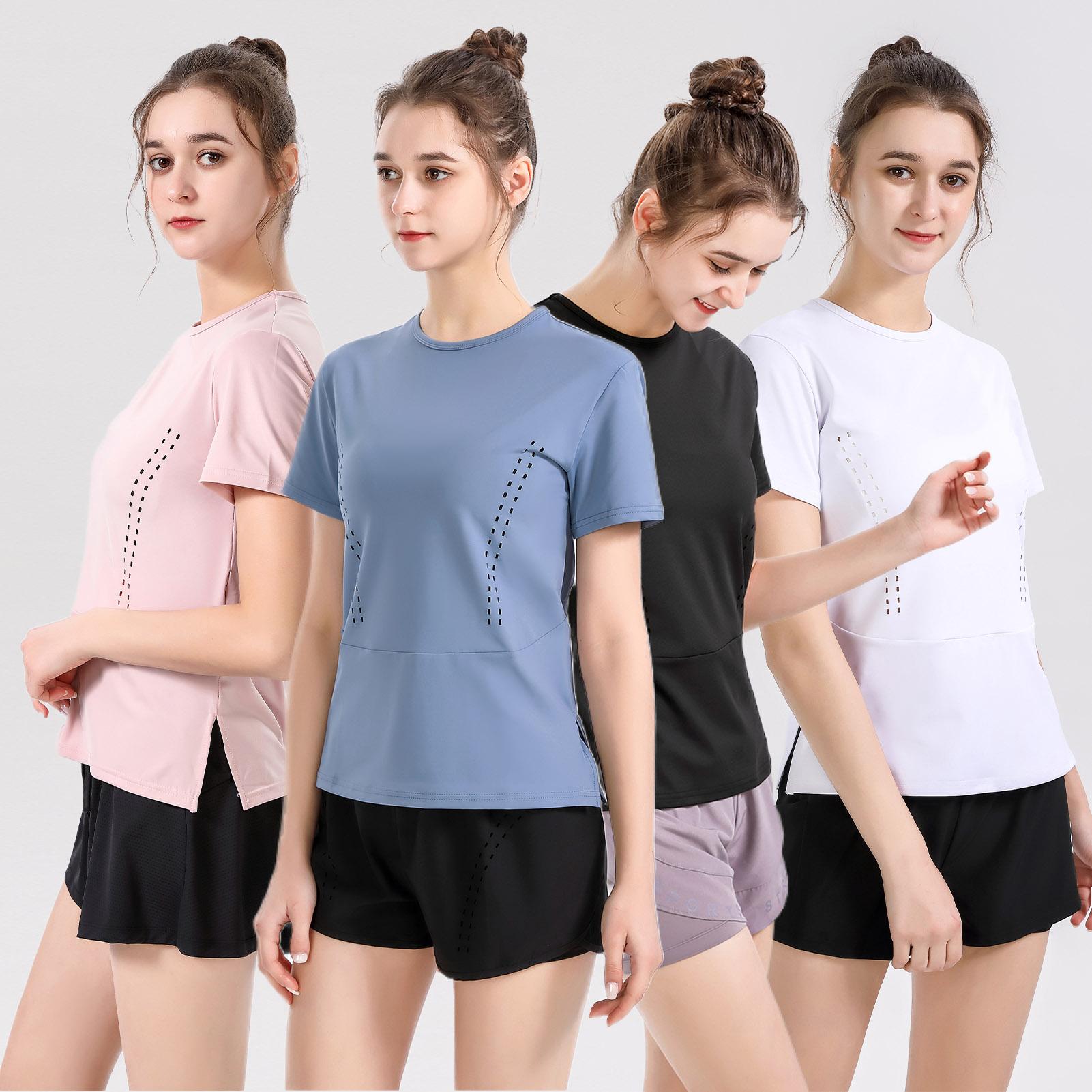 Áo thun nữ cổ chữ O ngắn tay thiết kế đường lỗ thoáng khí 2 bên, áo thun thể thao tập yoga, gym