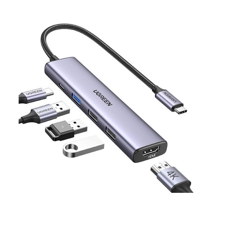 Ugreen 15495 USB type C sang 2 x USB 2.0 + 1 x USB 3.0 + 1 x HDMI 4K30Hz + 1 x USB-C PD 100W Bộ chuyển Màu Xám CM478 20015495 - Hàng chính hãng