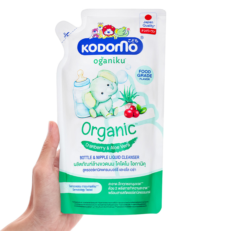 Nước Rửa Bình Sữa Kodomo Organiku Chiết Xuất Lô Hội Và Nam Việt Quất không chứa chất phụ gia - Túi 600ml