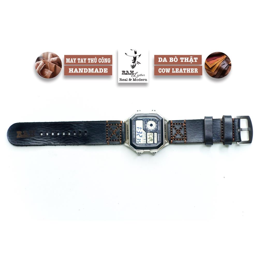 Dây đồng hồ Casio 1200 da bò đen tuyền handmade bền chắc RAM Leather Simple X Black