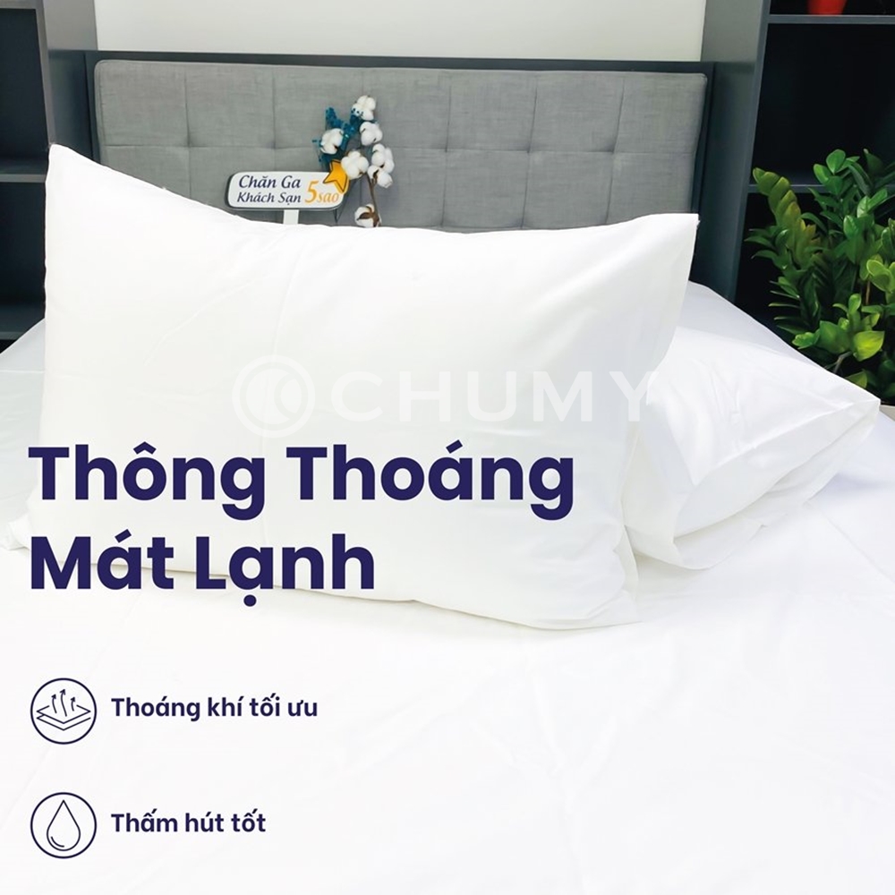 Combo 2 Vỏ gối khách sạn 5 sao màu trắng trơn - Mát mẻ mịn màng - Vỏ gối Cotton Sateen thiên nhiên 100