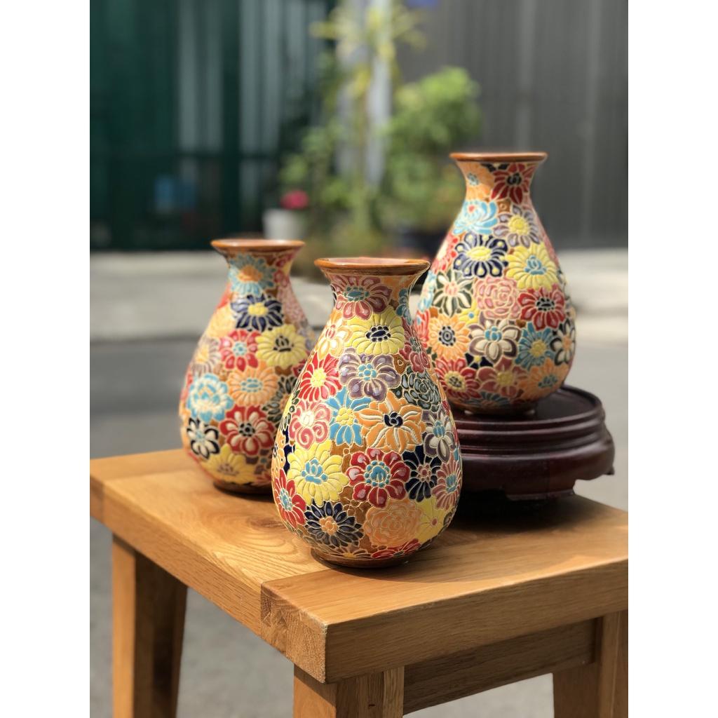 BÌNH HOA GỐM SỨ THỦ CÔNG BÁCH HOA NAM BỘ DÁNG CỦ KIỆU MINI DECOR TRANG TRÍ CẮM HOA