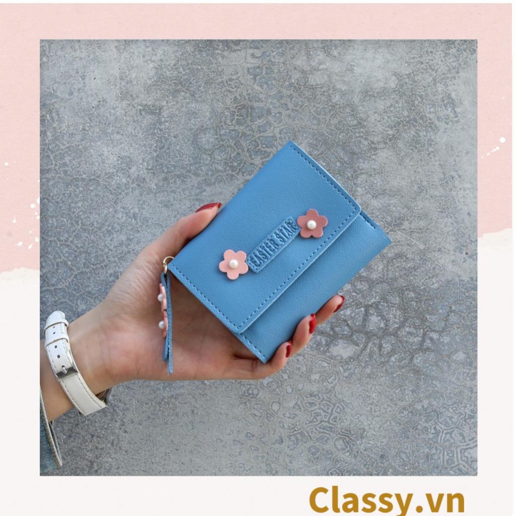 Ví nữ ngắn Classy dạng gập đính hoa, nhiều ngăn đựng thẻ, có nút bấm T1307