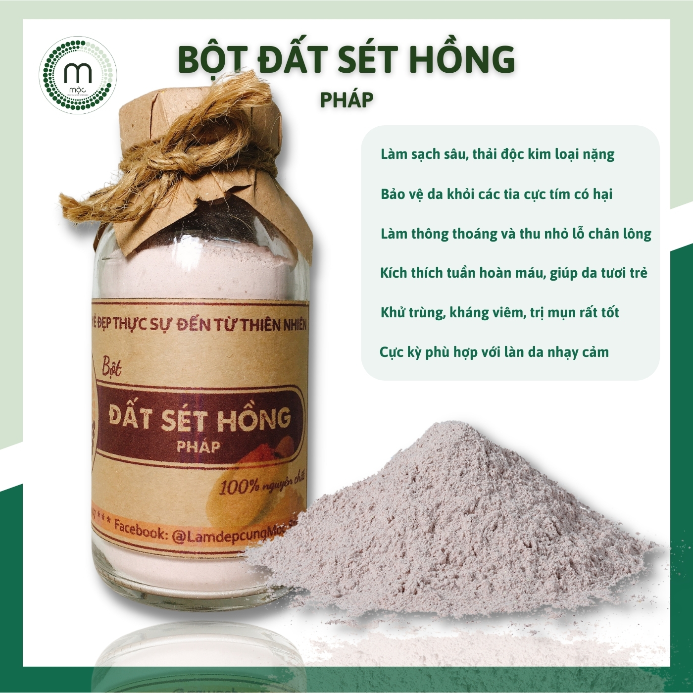 Bột Đất Sét Hồng đắp mặt nạ nguyên chất từ thiên nhiên 100ml handmade