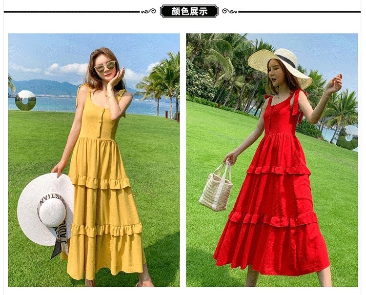 Hình ảnh Hàng Quảng Châu - Đầm maxi boho 2 dây lưng thun phối bèo cao cấp siêu xinh - D110298