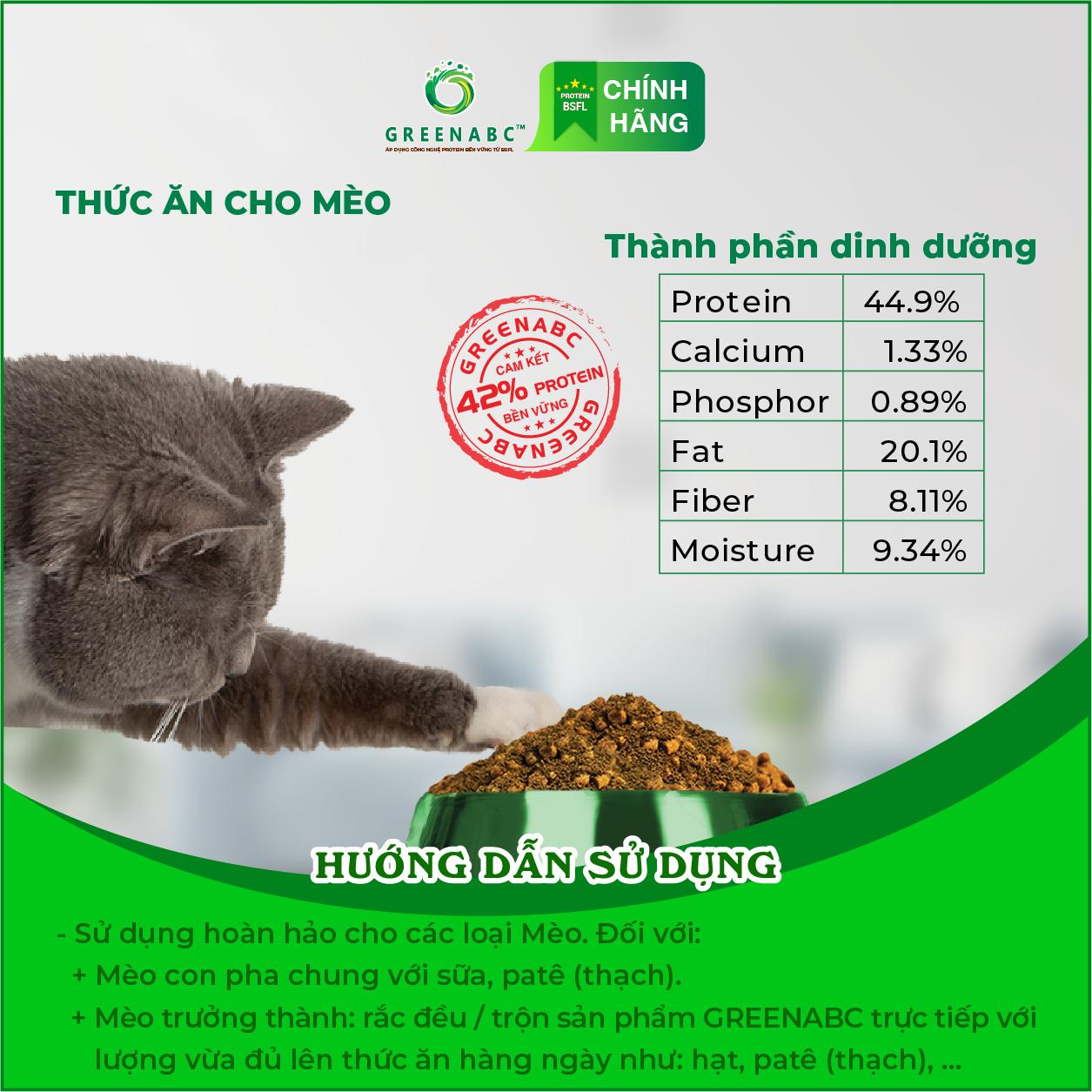 Thức ăn cho Mèo GREENABC - Bột bổ sung đủ dinh dưỡng protein 44.9%, canxi 1.33%, lipid 20.1% giúp tiêu hóa tốt, tăng đề kháng, lông mượt - Hộp 200g