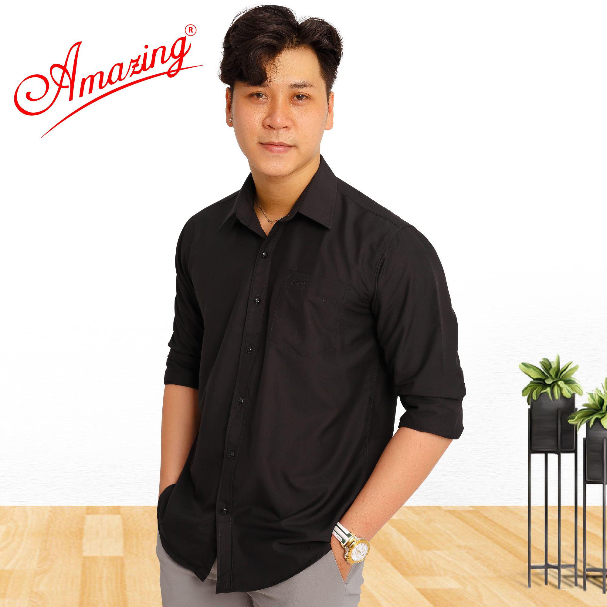 Áo somi nam màu đen, vạt bầu, tay dài, thời trang Amazing cao cấp, vải sợi tre mịn mát, form basic