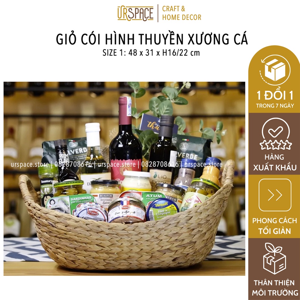 Giỏ cói URSPACE đựng quần áo, khăn lông, quà tặng hình thuyền có quai cầm trang trí decor / HYACINTH BOAT BASKET
