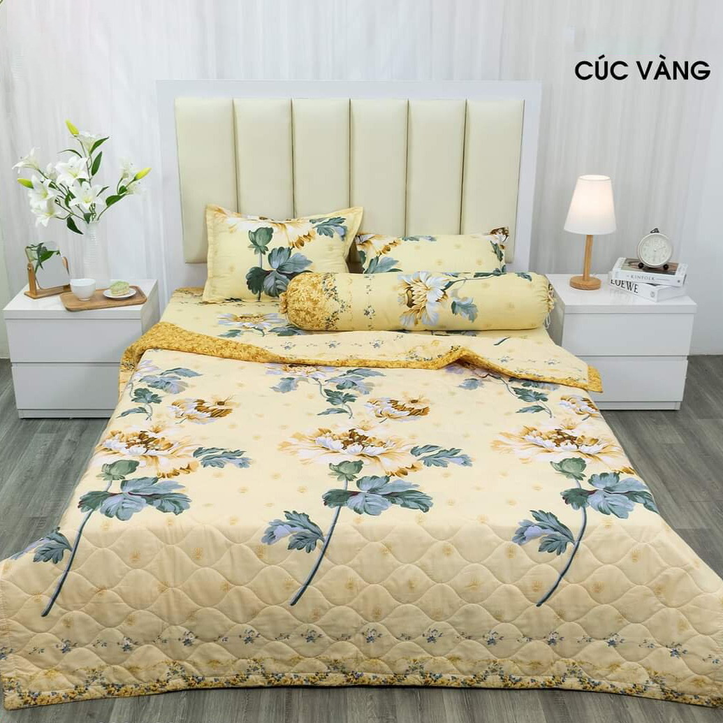 Chăn Hè Hoa Lá Hàn Quốc Siêu Nhẹ Chất Liệu Cotton Poly Thấm Hút Mồ Hôi Thoáng Mát, Mền Chần Bông 3 Lớp Mẫu Cúc Vàng