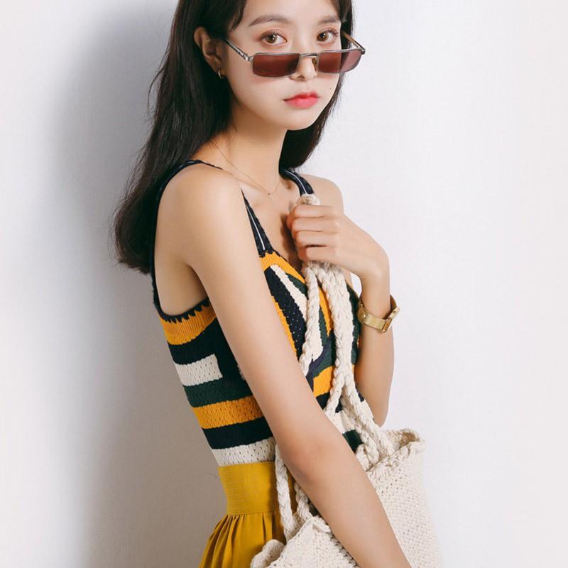 Áo dệt kim cộc tay cổ chữ V họa tiết kẻ sọc thời trang nữ