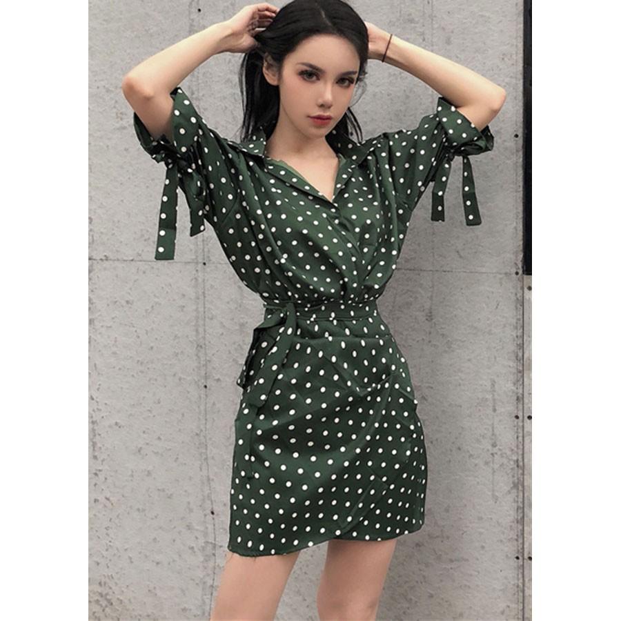 Đầm ôm cổ sơ mi chấm bi đài rời, chất vải mềm mát, hàng nhập Quảng Châu