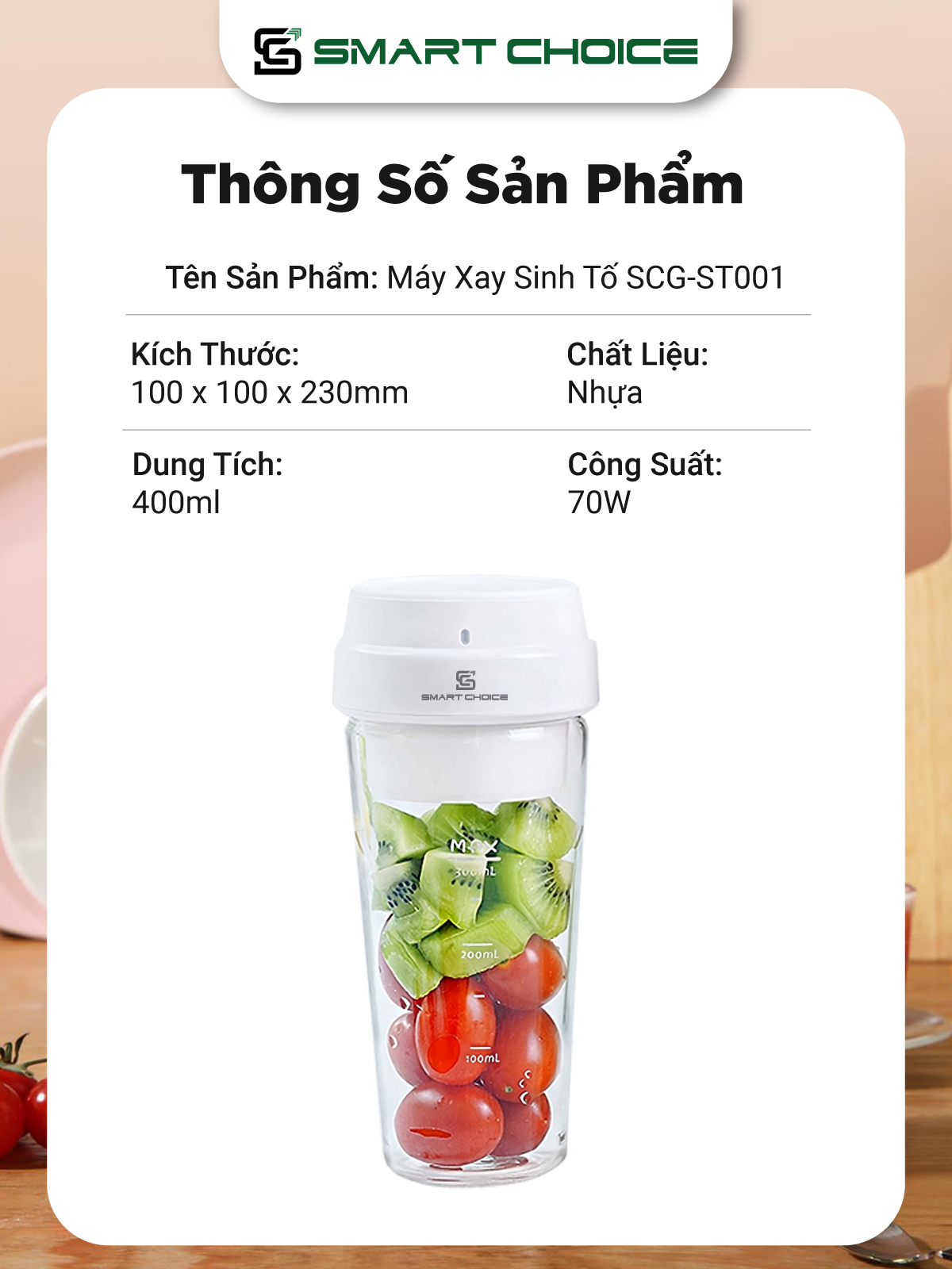 Máy Xay Sinh Tố Cầm Tay SmartChoice Hàng Chính Hãng SCG-ST001 Pin Sạc, May Xay Hoa Quả Mini 70W 400ml 3 Lưỡi