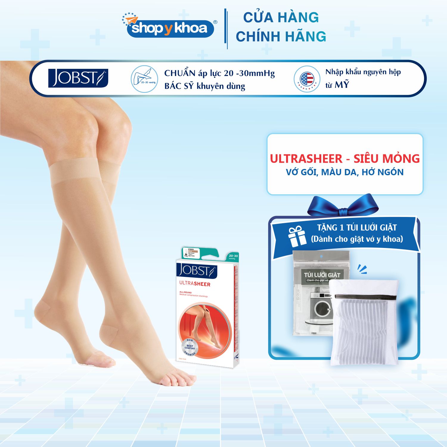 Vớ y khoa gối JOBST UltraSheer - Siêu Mỏng hỗ trợ điều trị giãn tĩnh mạch chân - Da - S