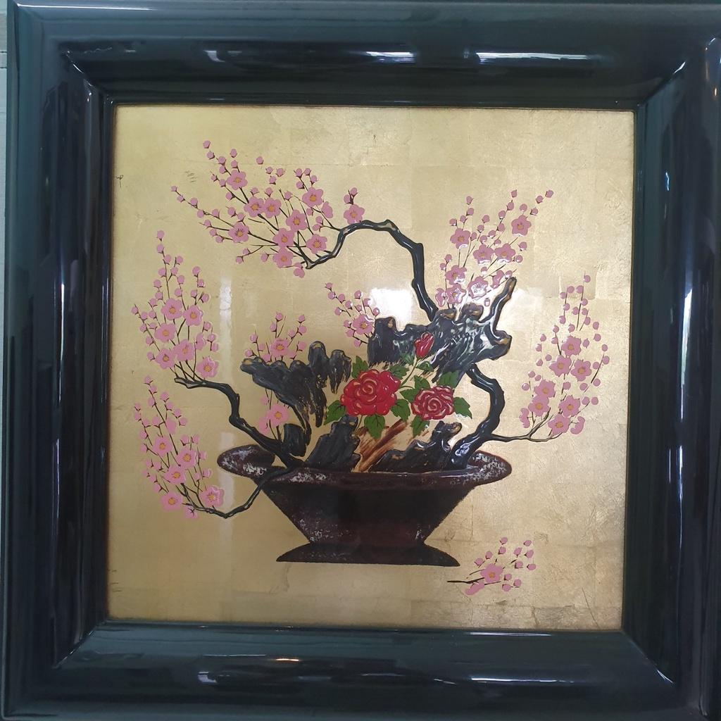 Tranh sơn mài 3D Thanh Bình Lê chậu hoa phong thủy 55x55 cm có khung sơn mài