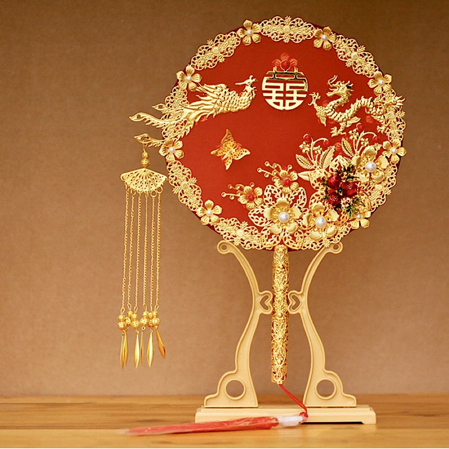 QUẠT HỈ - QUẠT CƯỚI CẦM TAY CÔ DÂU RỒNG PHƯỢNG LONG PHỤNG TRÌNH TƯỜNG CỔ TRANG KÈM GIÁ ĐỠ VÀ HỘP QUÀ