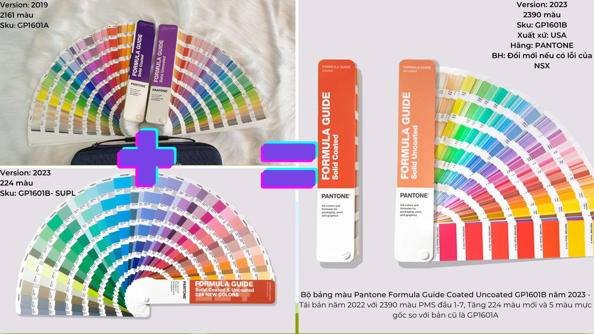 (NEW UPDATE 2023) Bộ bảng màu Pantone Formula Guide Coated Uncoated GP1601B - Phiên bản mới năm 2023 - Tái bản năm 2022 - Tăng 224 màu PMS và 5 màu mực gốc mới - Tổng 2390 màu PMS đầu 1-7