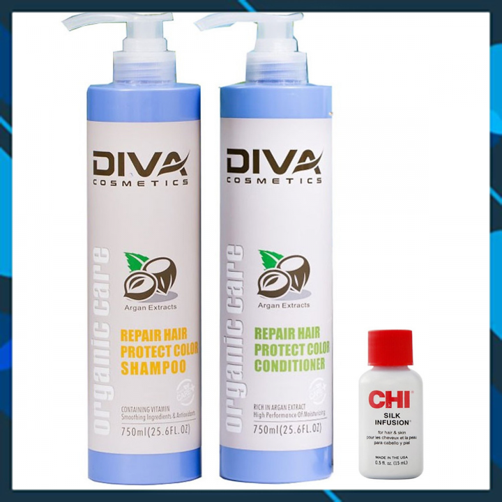 Bộ dầu gội xả Diva Repair Protect Color Organic Care dưỡng ẩm giữ màu tóc nhuộm 750mlx2 + Tinh dầu dưỡng tóc CHI Infusion 15ml