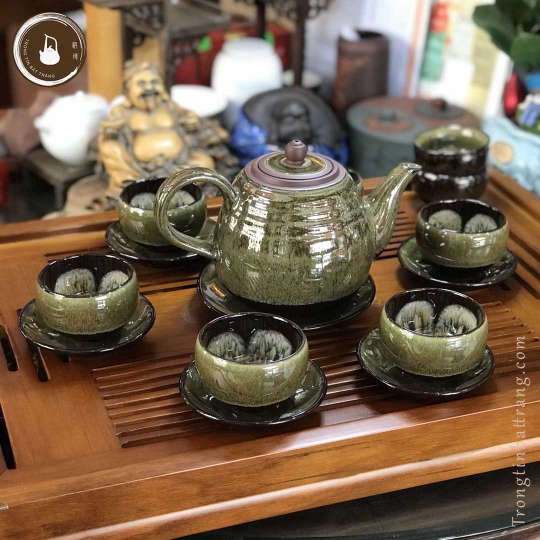 Bộ Ấm Chén Trà Đạo Men Hỏa Biến Ngọc Lục Bảo Bát Tràng Dáng Hán Đạc Dung Tích 500ml AVMT 07