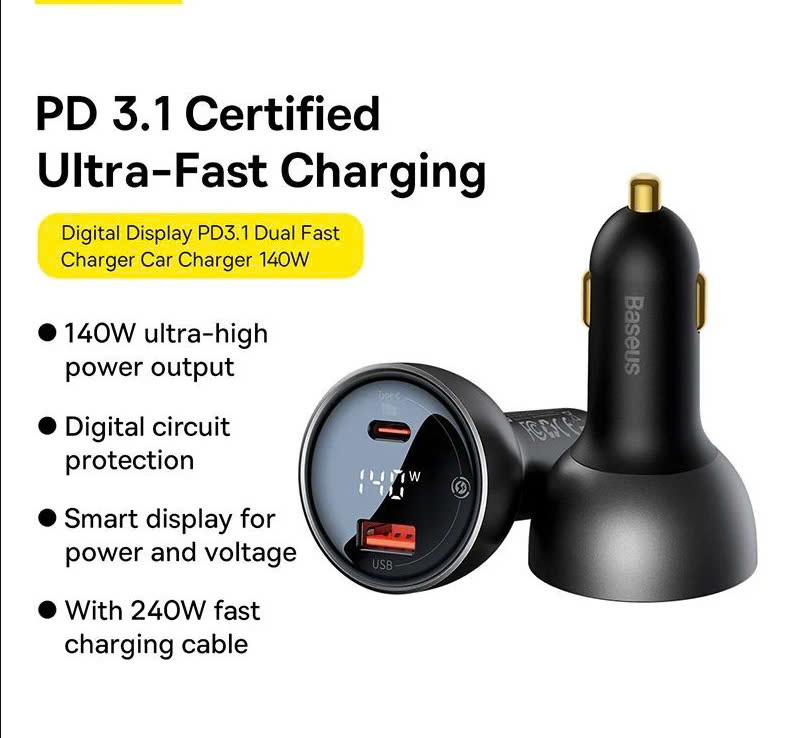 Tẩu Sạc Nhanh Dùng Trên Ô Tô Baseus Digital Display PD3.1 Dual Fast Charger Car Charger U+C 140W Kèm Cáp C to C 240W [ HÀNG CHÍNH HÃNG ]
