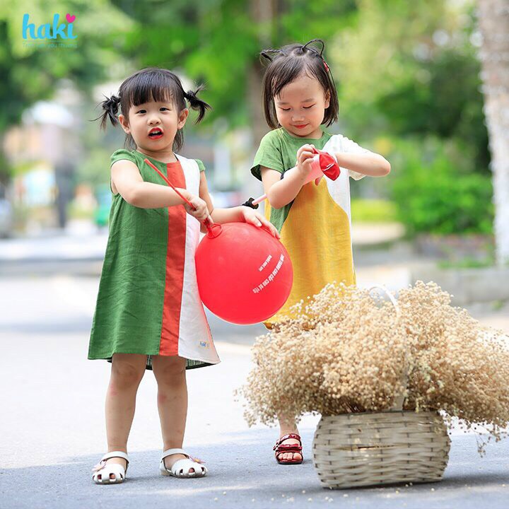 Đầm bé gái linen cộc tay phối tam giác Haki