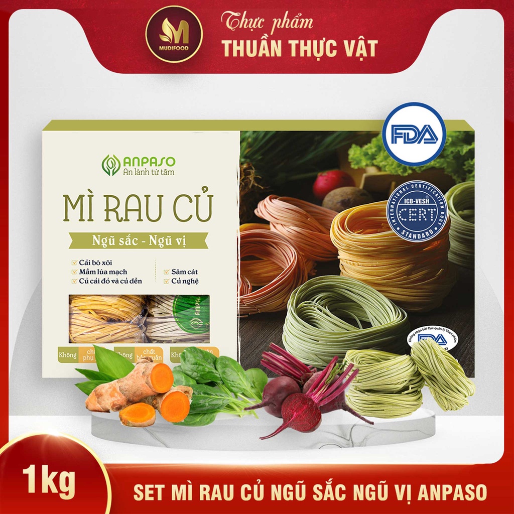 Mì Rau Củ 100% Organic Ngũ Sắc Ngũ Vị Anpaso Ngon Sạch 1KG - Cung Cấp Nhiều Vitamin, Giàu Sắt, Protein Thực Vật, Chất Xơ, Tốt Cho Sức Khỏe, Tăng Cường Hệ Miễn Dịch, Hỗ Trợ Tiêu Hóa - Người Tập Gym và Yoga, Ăn Kiêng, Ăn Chay, Giảm Cân, Eat Clean