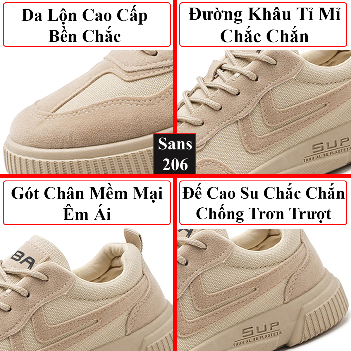 Giày sneaker nam Sans206 da lộn đế bằng cột dây giầy thể thao sports