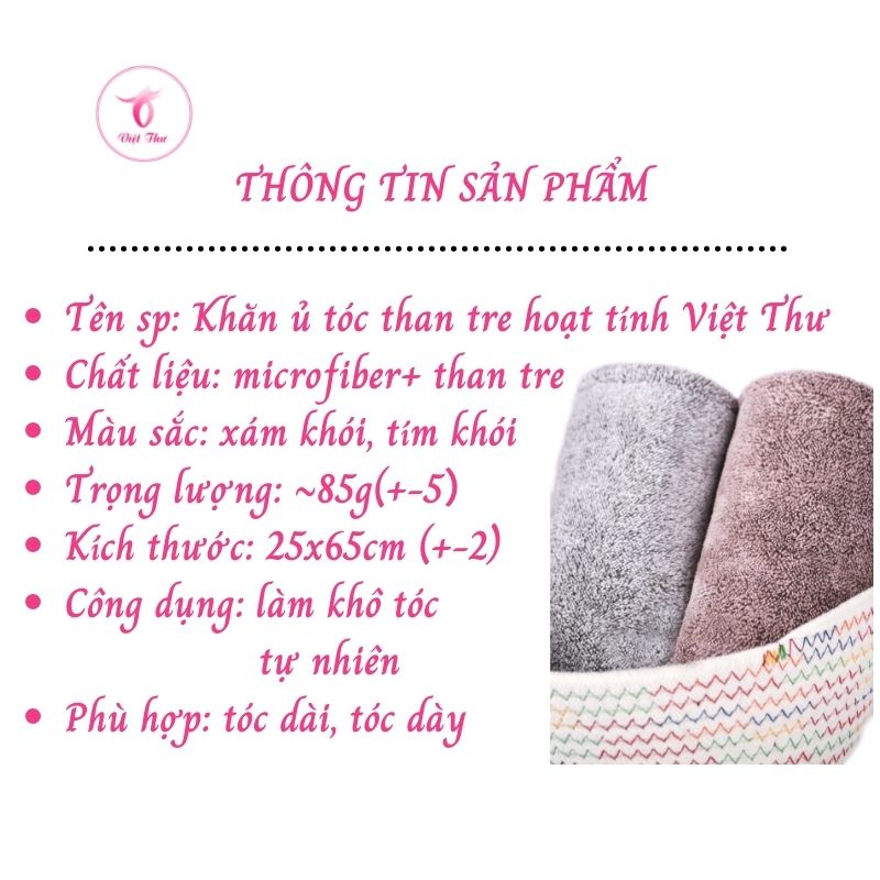 Khăn ủ tóc nhanh khô VIỆT THƯ, khăn quấn tóc Than tre hoạt tính kháng khuẩn, siêu mềm, siêu thấm, 25x65cm, 85gr – Hàng Chính Hãng