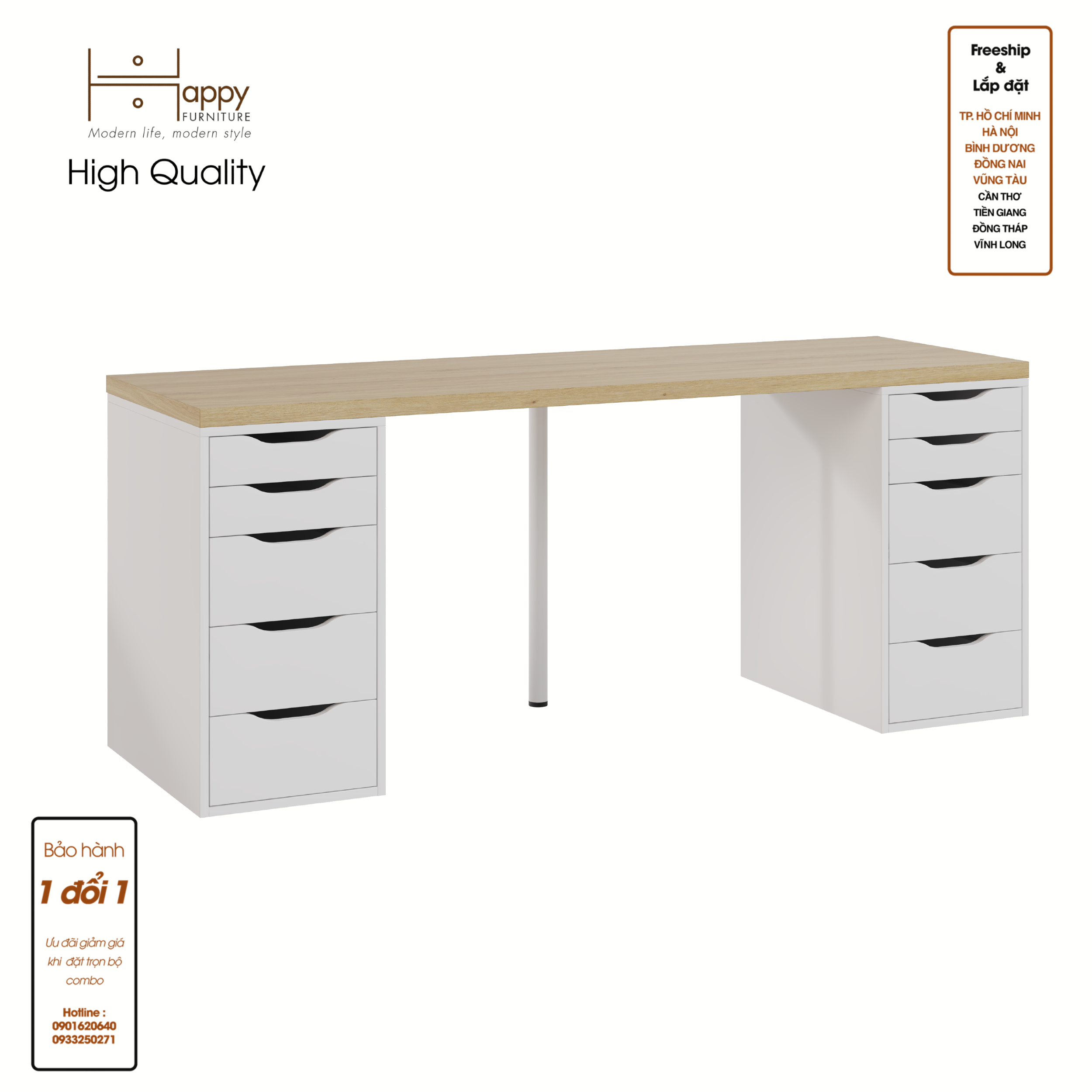 LIDA, Bàn làm việc 2 bên ngăn tủ - 2m x 60cm , 200cm x 60cm x 73cm , BAN_025