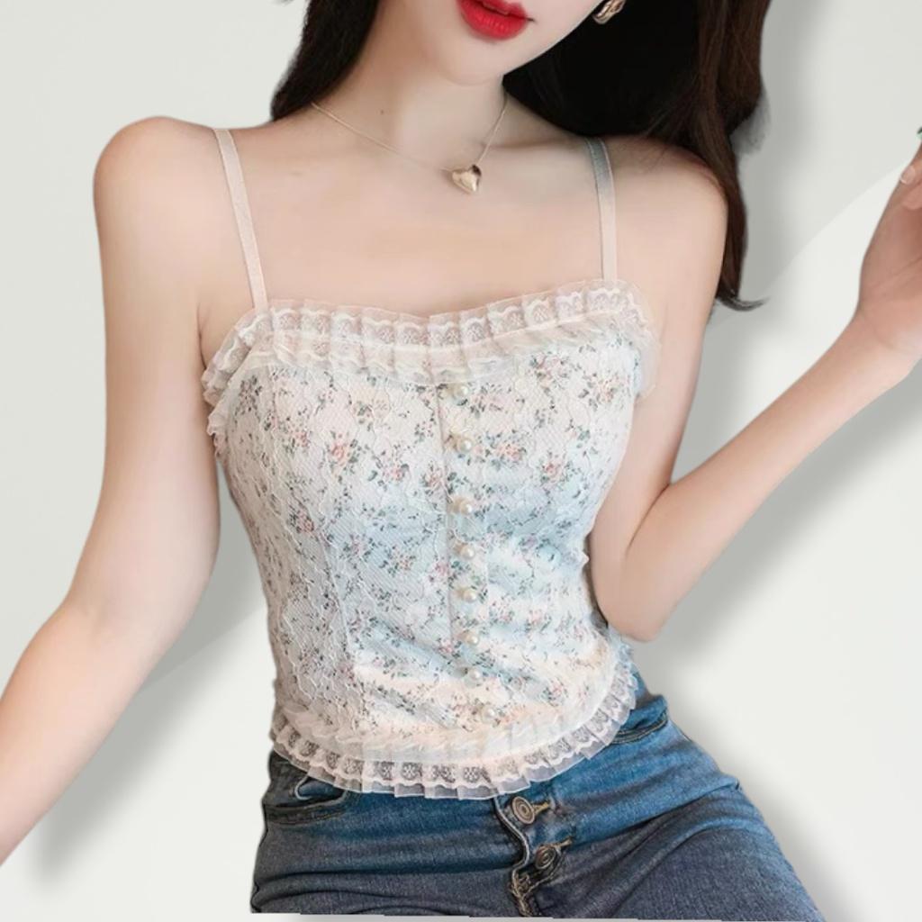 Áo Bra Nữ Hai Dây Ren Croptop Có Mút Ngực Kiểu Tiểu Thư Trun Lưng Mềm Mại EDEP 6688
