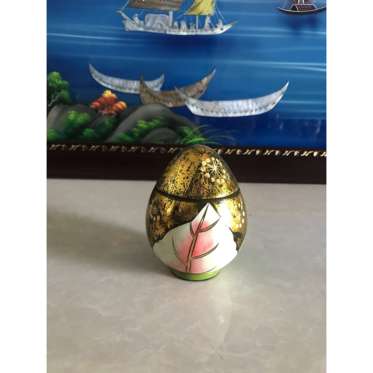 Hủ trứng sơn mài họa tiết phong phú