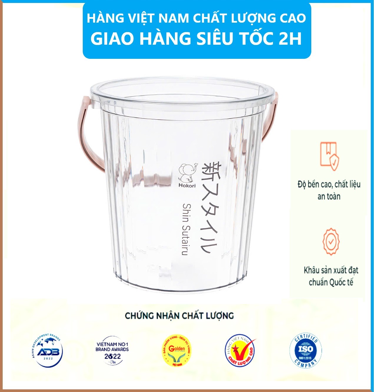 Xô trong 10L Hokori 5228, Xô đựng nước trong suốt, Xô đựng đá có quai xách trong suốt dày dặn Việt Nhật - Hàng Việt Nam