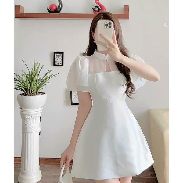 Váy đầm dáng xòe màu trắng cổ tàu chất liệu cotton lạnh phối voan thích hợp đi tiệc, dạo phố