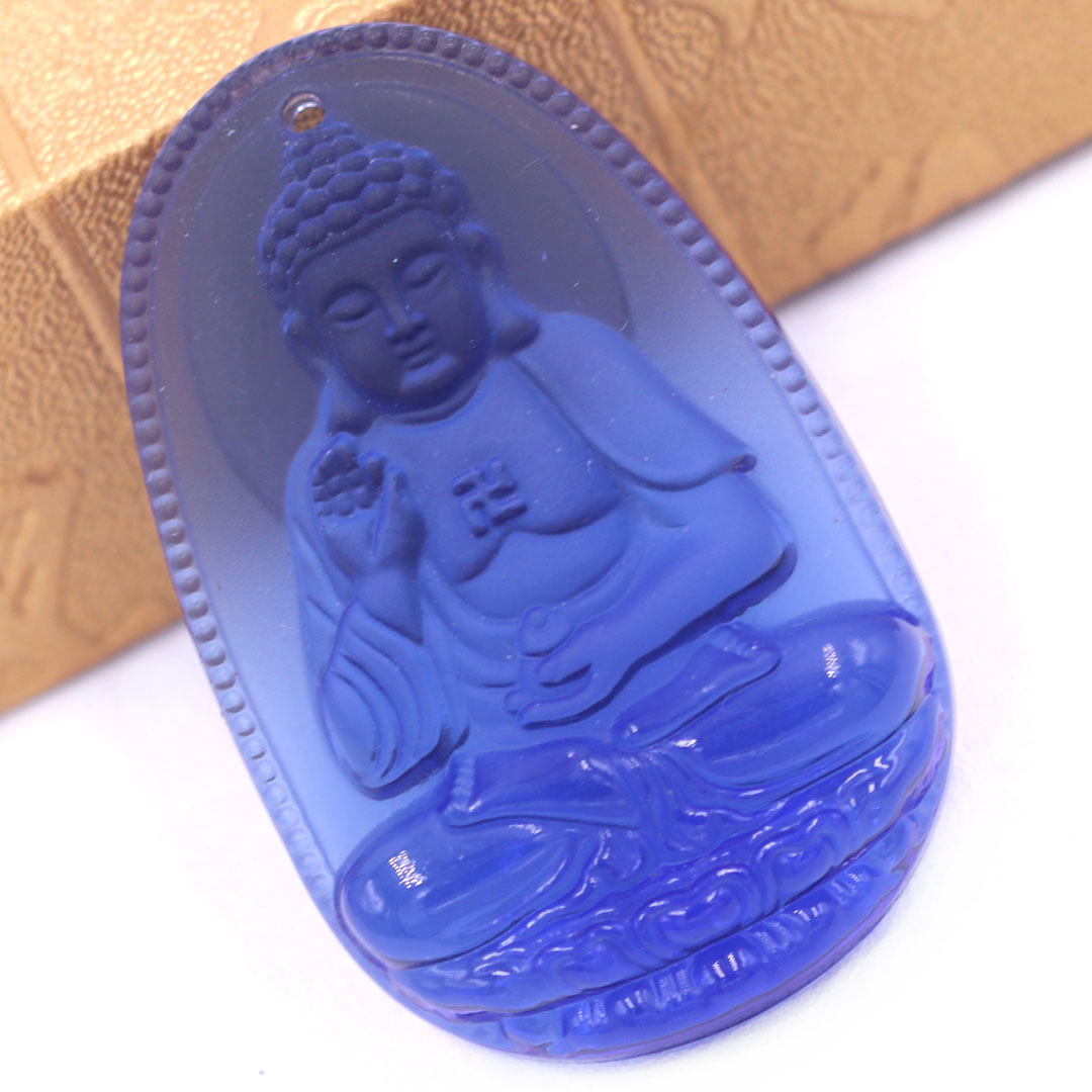 Mặt dây chuyền Phật A di đà pha lê xanh dương 3.6 cm kèm vòng cổ dây dù đen + móc inox vàng, Phật bản mệnh, mặt dây chuyền phong thủy