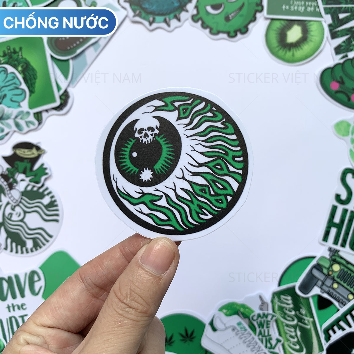 Sticker Màu Xanh Lá Green - Chất Liệu PVC Chất Lượng Cao Chống Nước - Kích Thước 4-8cm