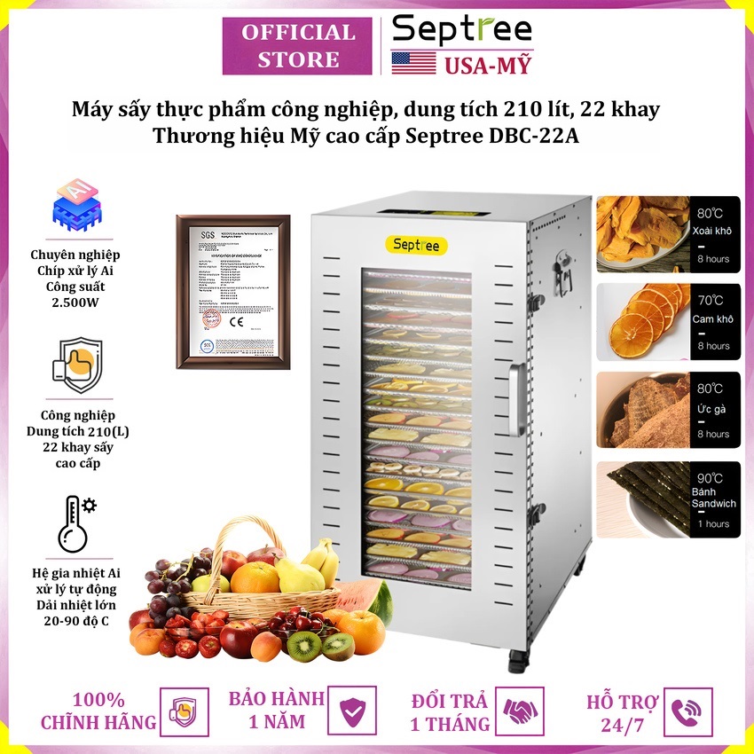 Máy sấy thực phẩm dung tích 210 lít, 22 khay thương hiệu Mỹ cao cấp Septree DBC-22A - Hàng Nhập Khẩu