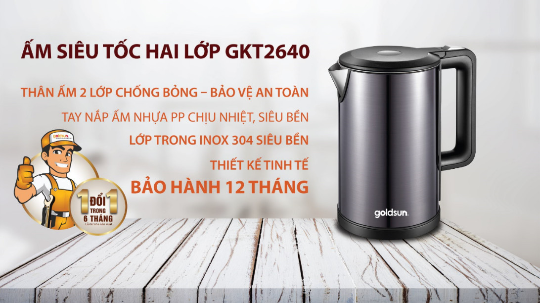 Ấm siêu tốc Goldsun 2 lớp GKT2640- Hàng chính hãng