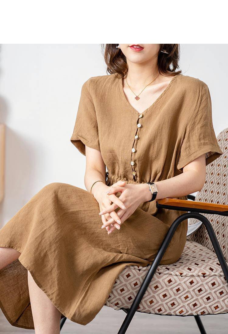 Hình ảnh Đầm nữ cổ V phong cách Hàn Quốc thanh lịch, chất linen mát, dầm có túi siêu xinh NH173 nâu