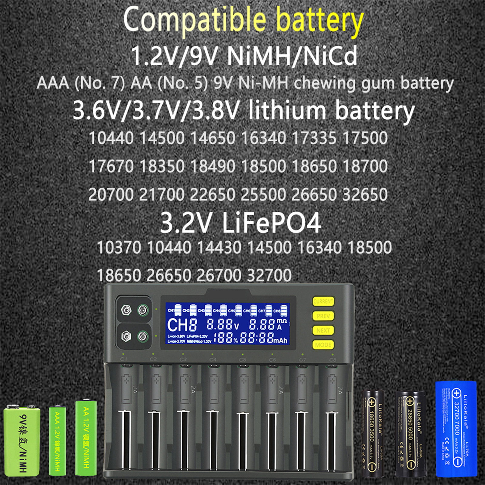 Bộ sạc pin LiitoKala lii-S8 Li-ion 3.7V NiMH 1.2V Li-FePO4 3.2V IMR 3.8V sạc cho 18650 26650 21700 26700 AA AAA