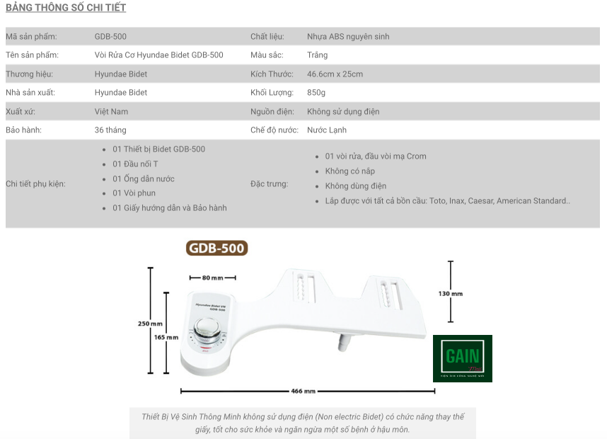 Vòi rửa vệ sinh thông minh Hyundae Bidet GDB500, Chính Hãng, BH 1 Năm, Không Dùng Điện