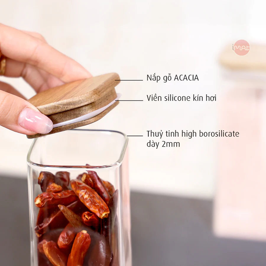Bộ 4 Hũ Gia Vị Imat Thủy Tinh Nắp Gỗ Acacia ACA 400ml Sang Trọng Tiện Dụng