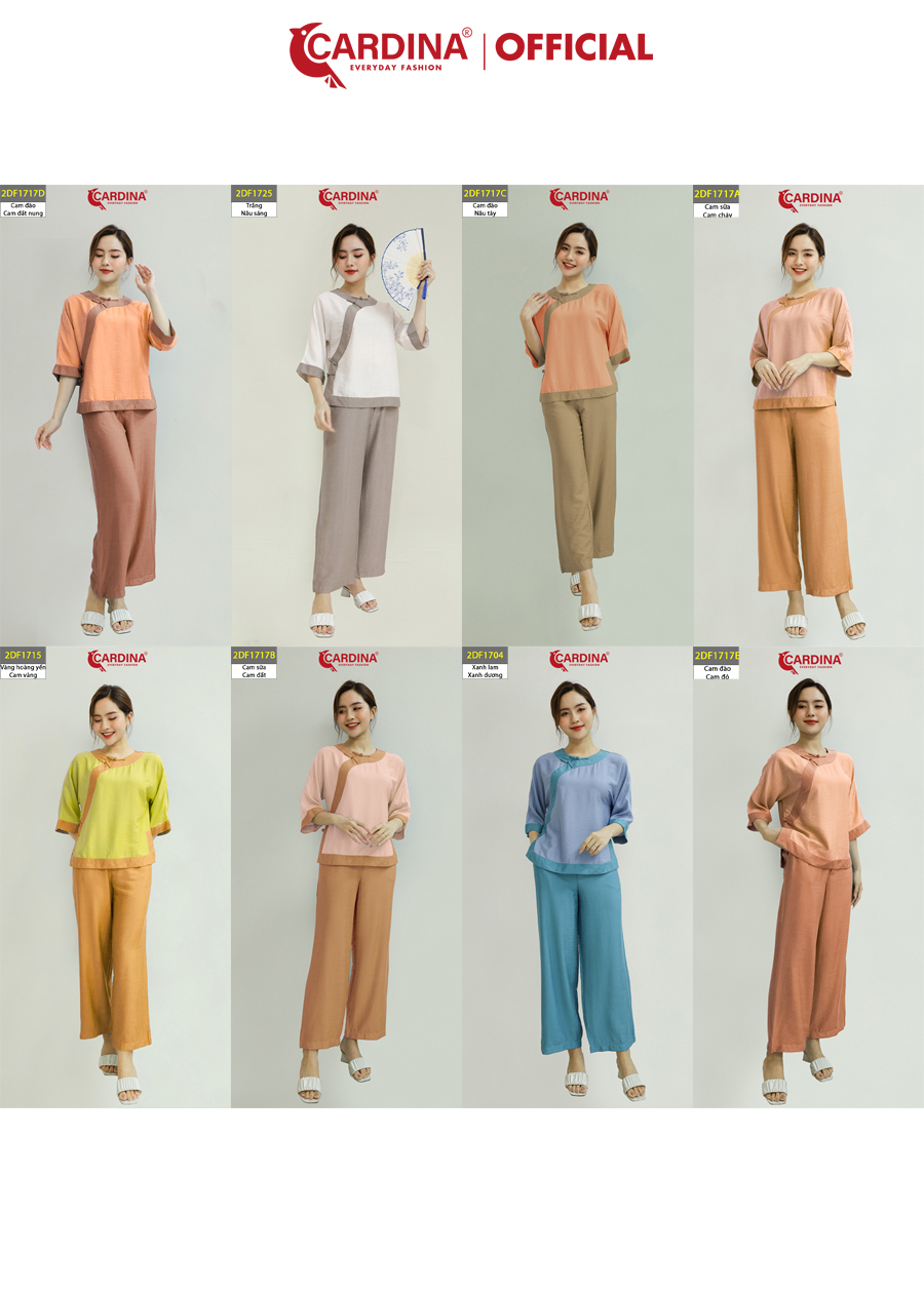 Đồ Bộ Nữ CARDINA Chất Đũi Bamboo Cao Cấp Bộ Đi Chùa Áo Cổ Tấc Cách Tân Tay Lỡ Quần Dài 2DF17