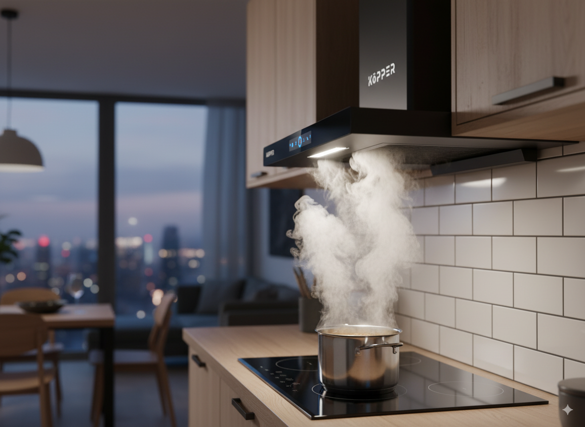 Kopper Hút Mùi Thông Minh KPT8 Công Suất Lớn 1800m3/h Có Sấy Dầu Tự Động Màn Hình Cảm Ứng Tiếng Ồn <50dB Đèn LED 1 Đèn Lớn Quạt Li Tâm Cánh Thép Động Cơ Đồng Hàng Chính Hãng