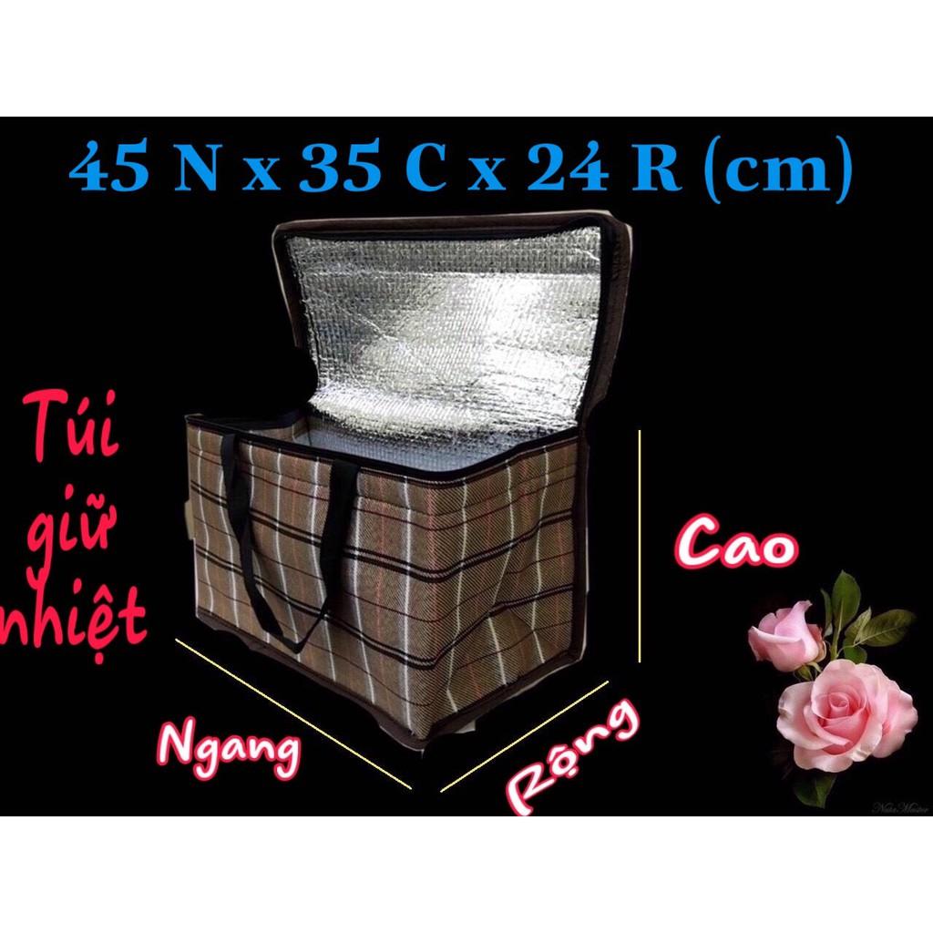 Túi giữ nhiệt lớn Dài 45 x Cao 35 x Rộng 24 (cm), hình hộp ngang, vải bố dầy, nặng 500gr , giao màu ngẫu nhiên