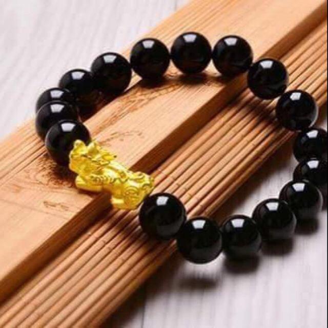 Vòng tay đá phong thủy ,vòng tay phong thủy mic cham tì hiu bạc mạ vàng , vòng đá phong thủy màu đen cho người mệnh mộc- mệnh thủy trang sức Bạc QTJ